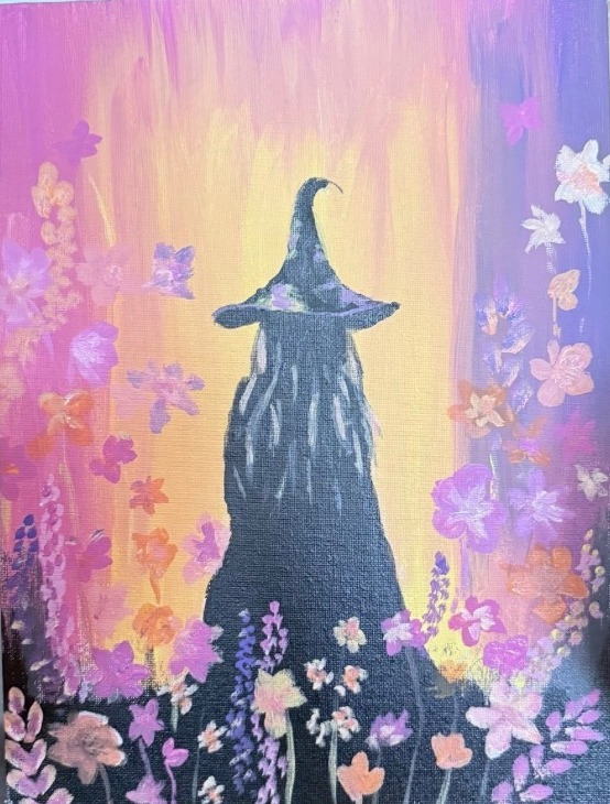 Calling All Witchy Women sample painting: a witch silhouette in a pointed hat against a pink, gold, and violet sky, surrounded by wildflowers